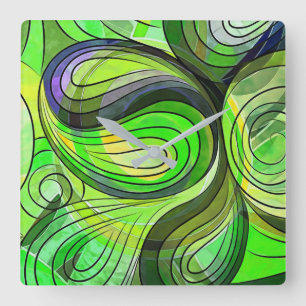 Apple Green Doodle With Black Lines Square Wall Clock