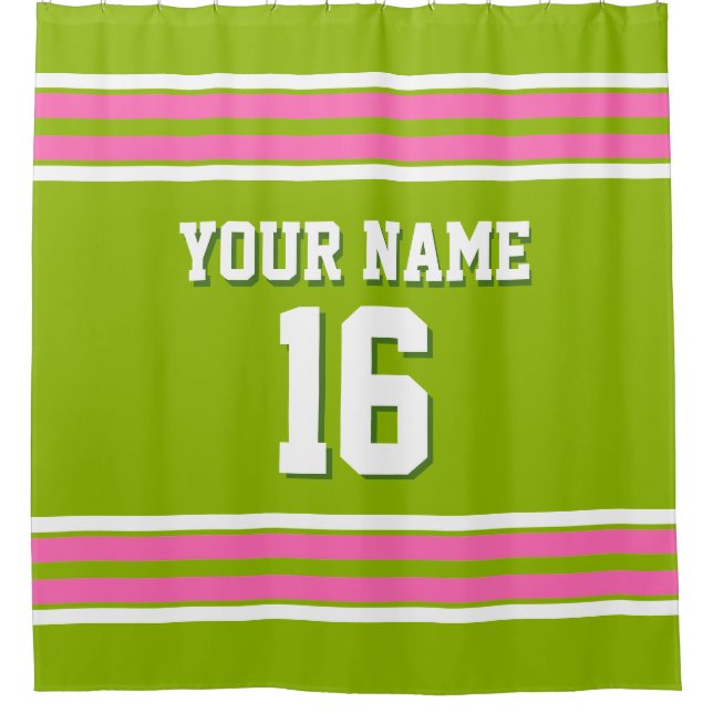 Apple Green Hot Pink White Stripes Sports Jersey Shower Curtain (Front)