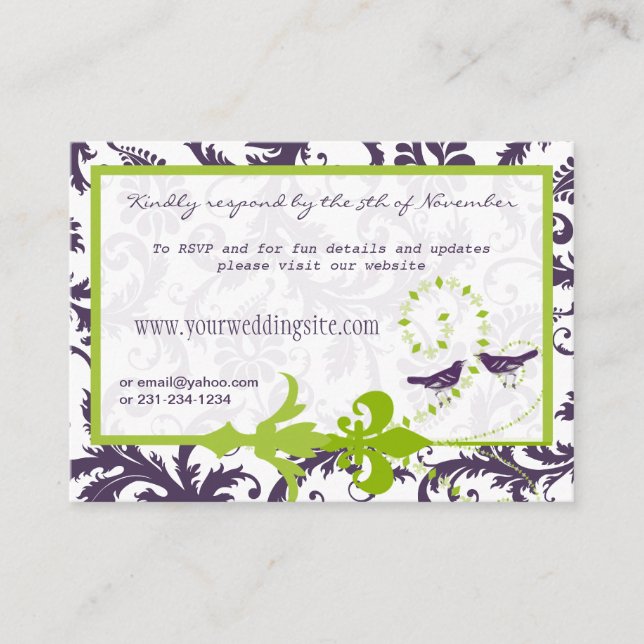 Apple Green Lapis Purple Damask & Purple Birds Enclosure Card (Front)