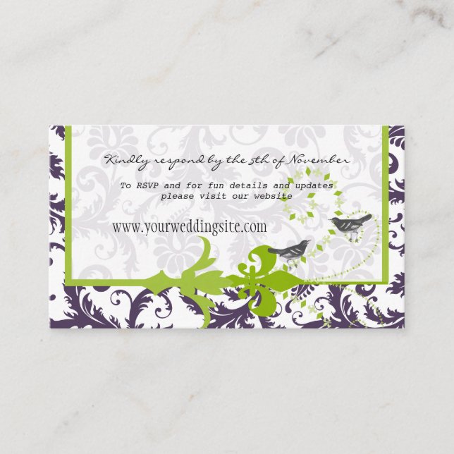 Apple Green Lapis Purple Damask Wedding Info Cards (Front)