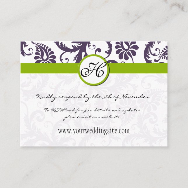 Apple Green Lapis Purple Damask Wedding Info Cards (Front)