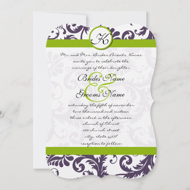 Apple Green Lapis Purple Damask Wedding Invitation (Front)