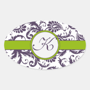 Apple Green & Lapis Purple Damask Wedding Stickers
