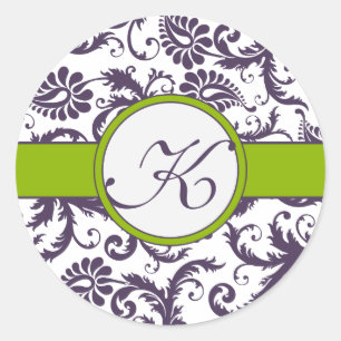 Apple Green & Lapis Purple Damask Wedding Stickers
