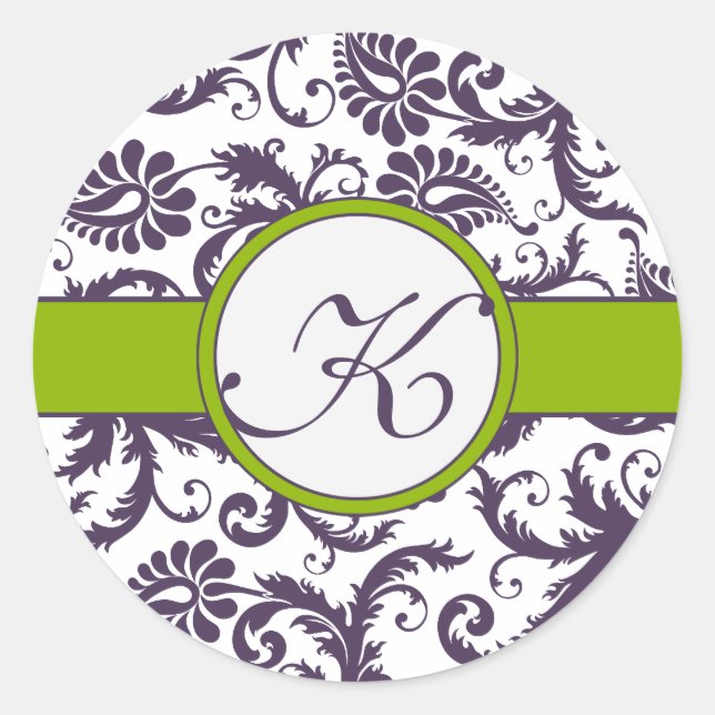 Apple Green & Lapis Purple Damask Wedding Stickers (Front)