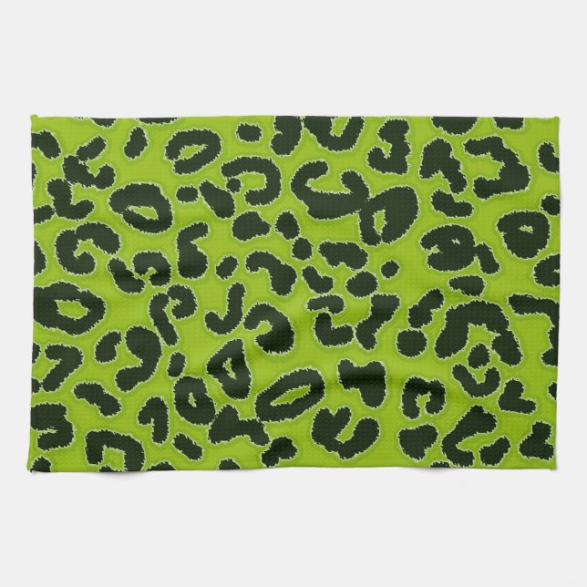 Apple Green Leopard Animal Print Tea Towel (Horizontal)