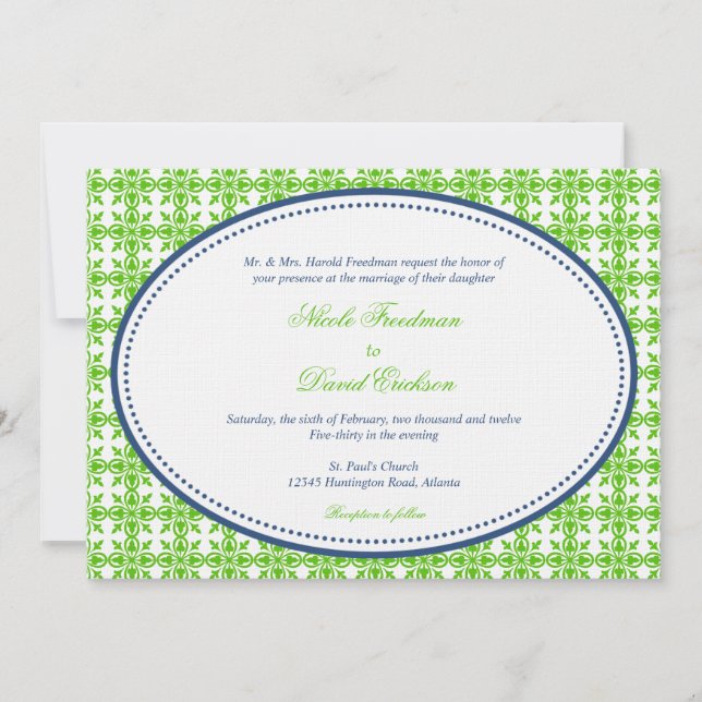 Apple green navy oval beaded preppy custom wedding invitation (Front)