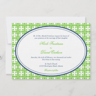Apple green navy oval beaded preppy custom wedding invitation