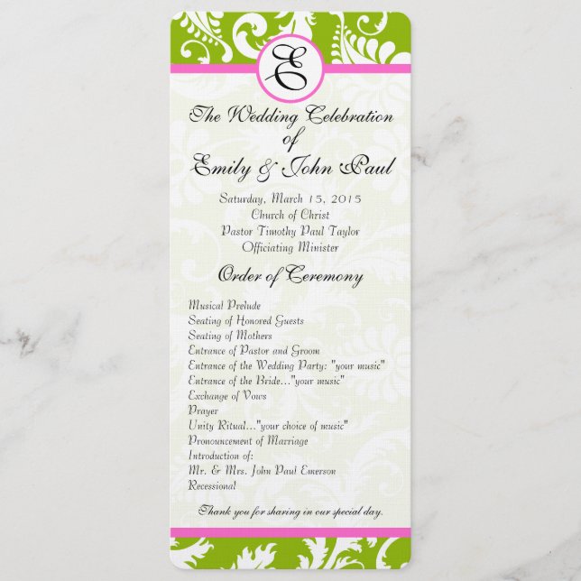 Apple Green & Pink Damask Swirls Wedding Program Programme (Front)