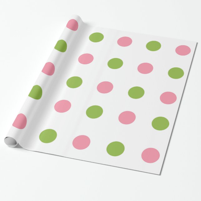 Apple Green Salmon Pink Polka Dot Wrapping Paper (Unrolled)