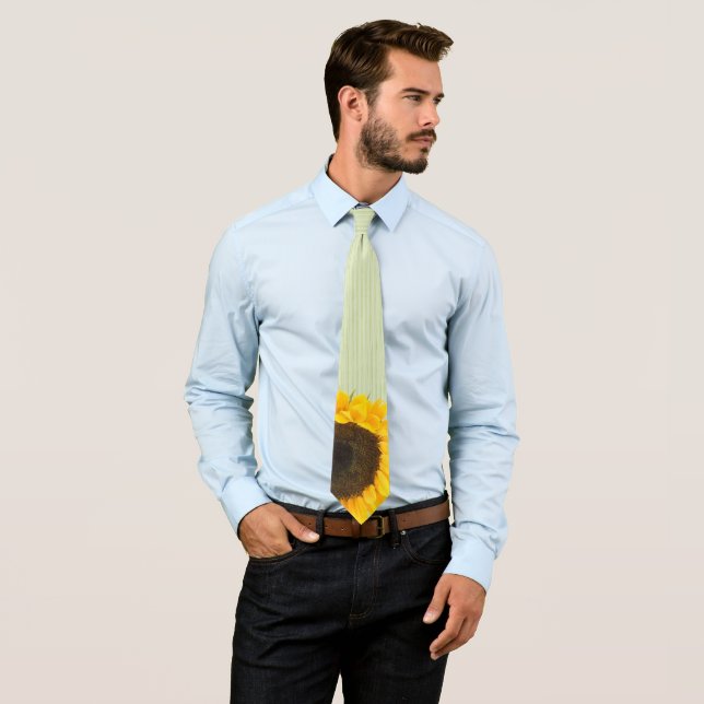 Apple Green Sunflower Wedding Tie Green Stripes (In Situ)