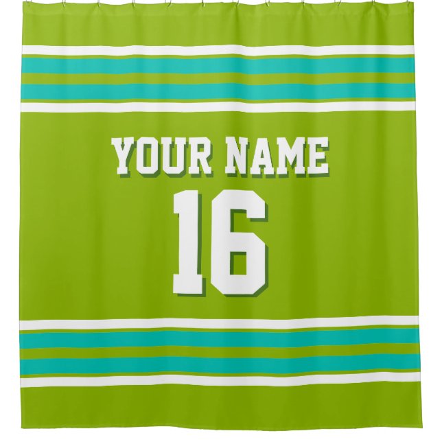 Apple Green Teal White Stripes Sports Jersey Shower Curtain (Front)