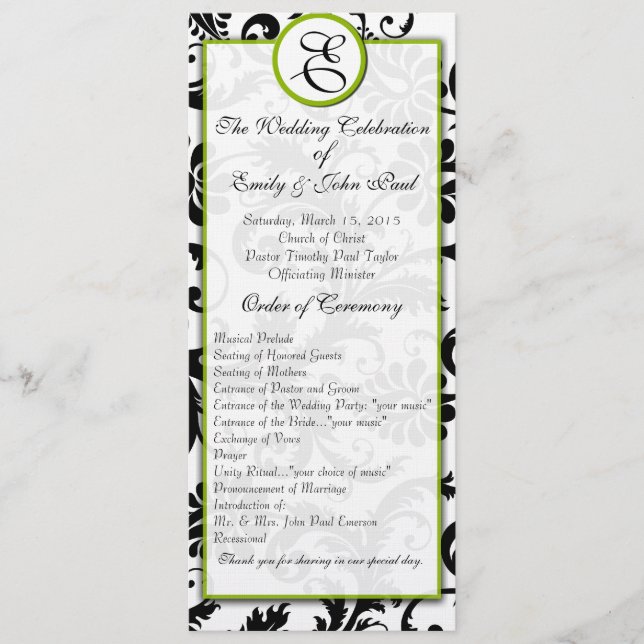 Apple Green Trim Black Damask  Wedding Program Programme (Front)