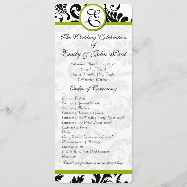 Apple Green Trim Black Damask  Wedding Program Programme (Front)