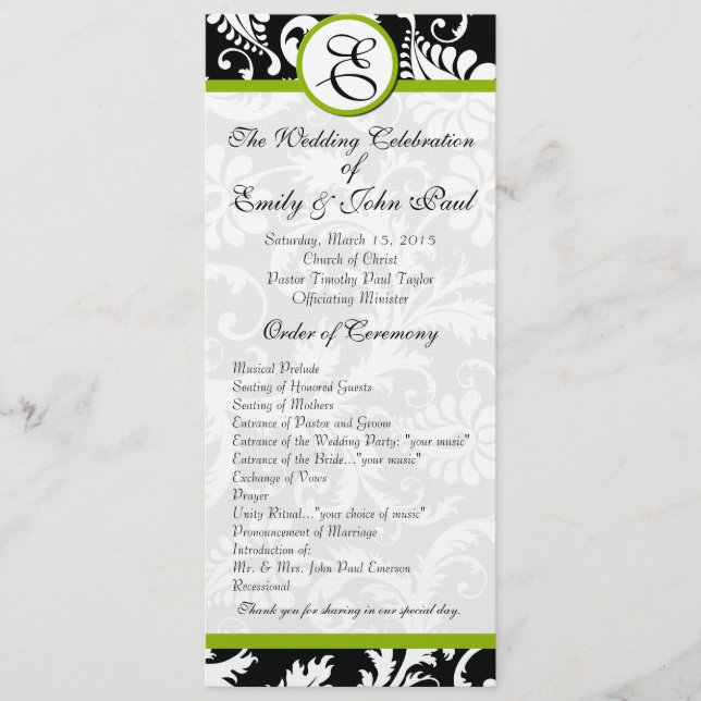 Apple Green Trim Damask Swirls Wedding Program Programme (Front)