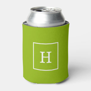 Apple Green White Framed Initial Monogram Can Cooler