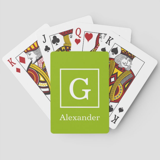 Apple Green White Framed Initial Monogram Playing Cards (Back)