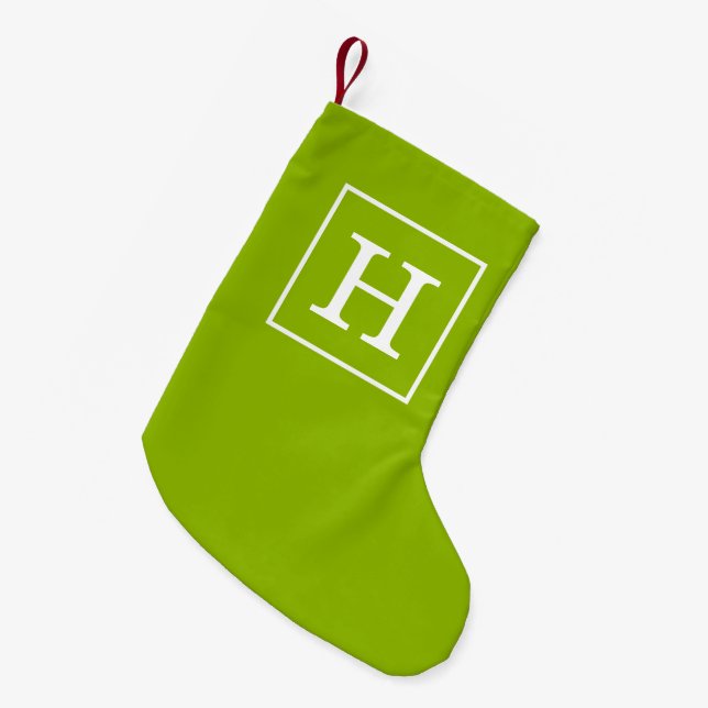 Apple Green White Framed Initial Monogram Small Christmas Stocking (Front (Hanging))