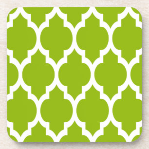 Apple Green White Moroccan Quatrefoil Pattern #4 Coaster