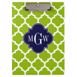 Apple Green Wt Moroccan #5 Navy 3 Initial Monogram Clipboard