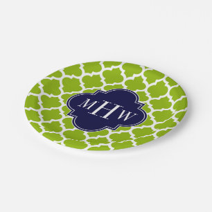 Apple Green Wt Moroccan #5 Navy 3 Initial Monogram Paper Plate