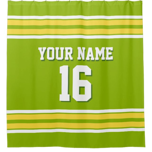 Apple Green Yellow White Stripes Sports Jersey Shower Curtain (Front)