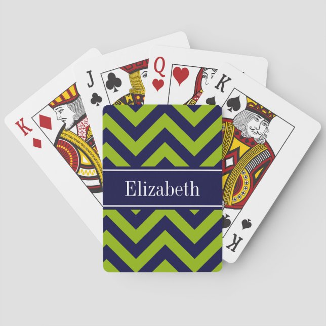 Apple Grn Navy LG Chevron Navy Blue Name Monogram Playing Cards (Back)