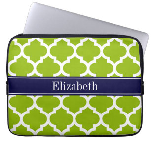 Apple Grn Wht Moroccan #5 Navy Blue Name Monogram Laptop Sleeve