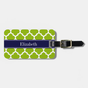 Apple Grn Wht Moroccan #5 Navy Blue Name Monogram Luggage Tag