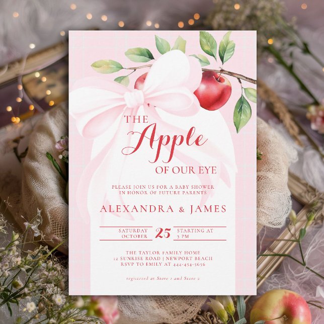 Apple Harvest Pink Bow Chic Coed Fall Girl Shower Invitation (fall baby shower invitation apple of our eye girl pink bow boho arch watercolor rustic elegant girly)