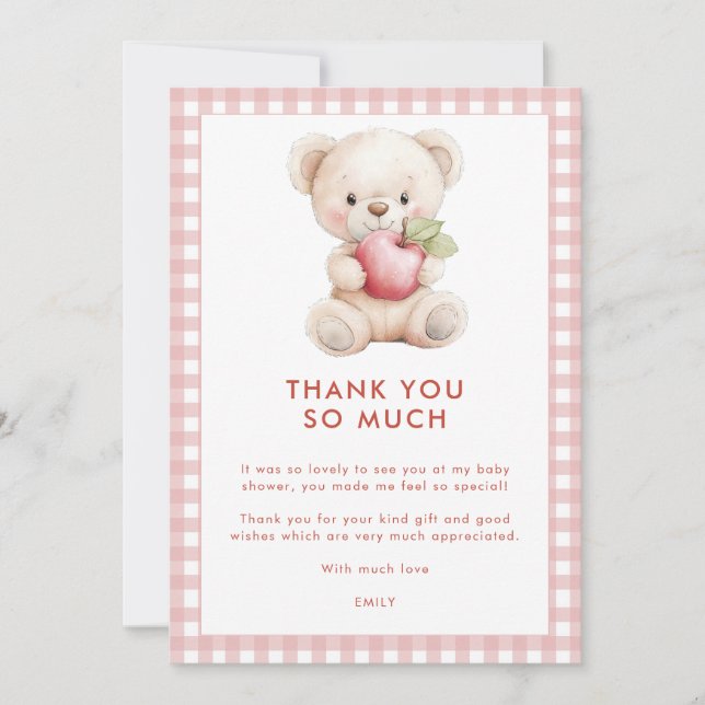 Apple of Eye Gingham Bear Baby Shower Thank You Card (Front)