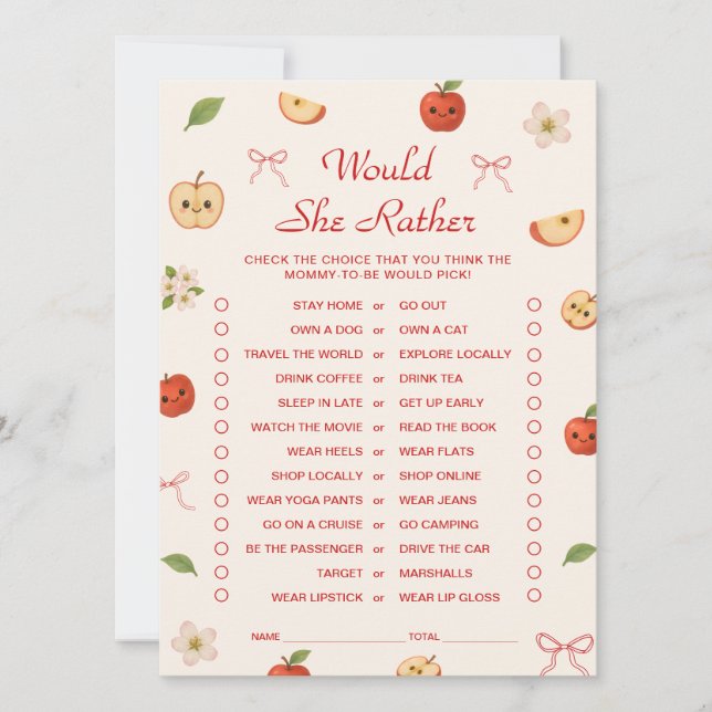 Apple of My Eye Baby Shower Would She Rather Game  Invitation (Front)