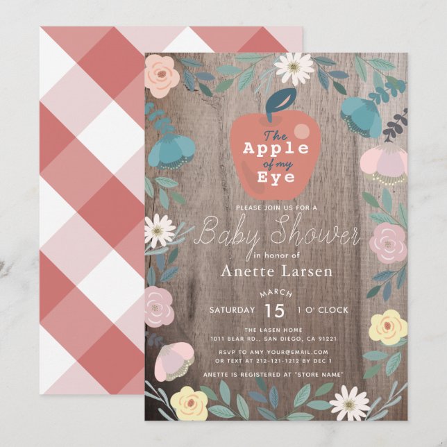 Apple of my Eye Floral Wood Rustic Baby Shower Invitation (Front/Back)