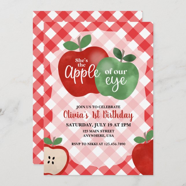 Apple of our Eye 1st Birthday Invitation (Front/Back)