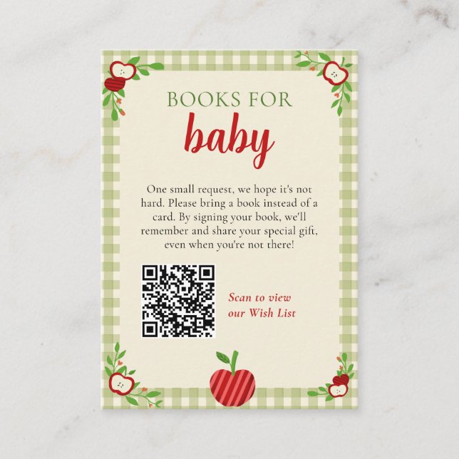Apple of Our Eye Baby Shower Books Request QR Code Enclosure Card (Front)