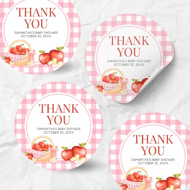 Apple of Our Eye Baby Shower Classic Round Sticker (The Apple of Our Eye Gingham Baby Shower Round Sticker)