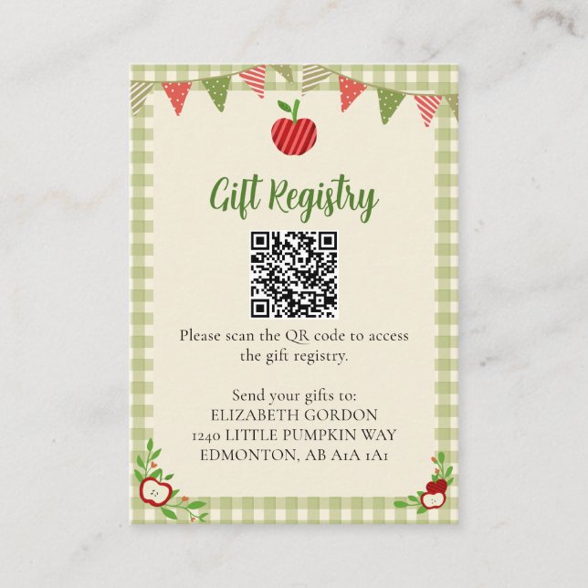 Apple of Our Eye Baby Shower Gift Registry QR Code Enclosure Card (Front)