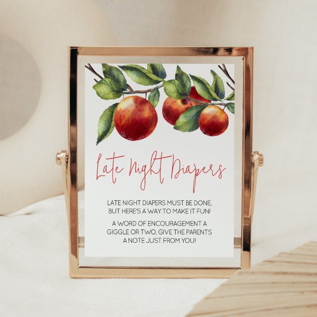 Apple of Our Eye Baby Shower Late Night Diapers Poster (Red Apple Baby Shower Late Night Diapers Sign)