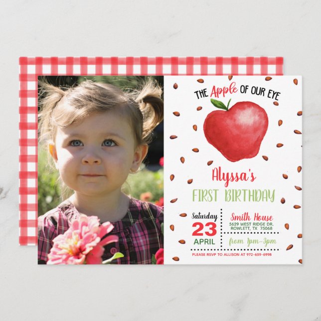 Apple of Our Eye Birthday Invitation w/Photo (Front/Back)