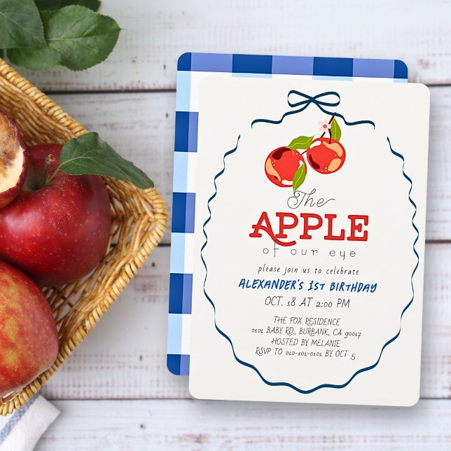 Apple of our Eye Blue Bow Boy 1st Birthday Invitation (Creator Uploaded)