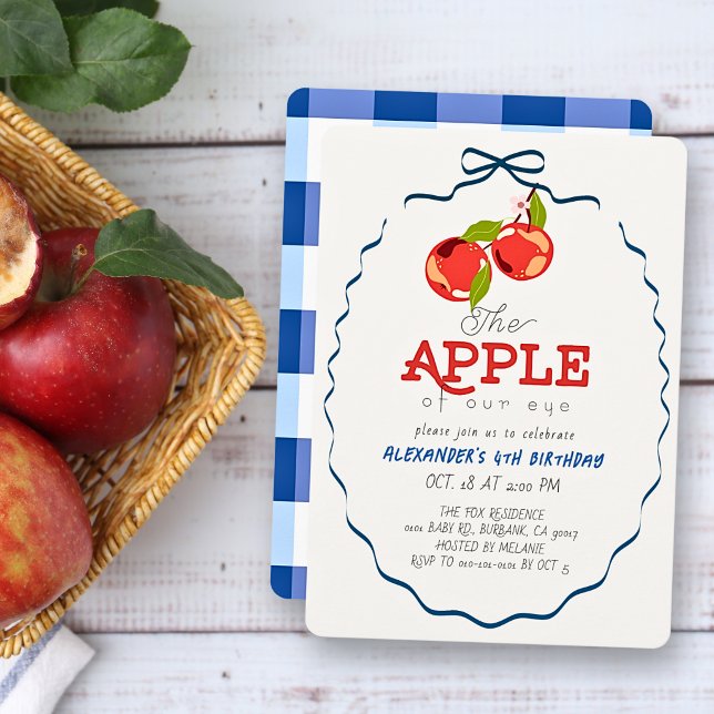 Apple of our Eye Blue Bow Boy Birthday Invitation (Creator Uploaded)