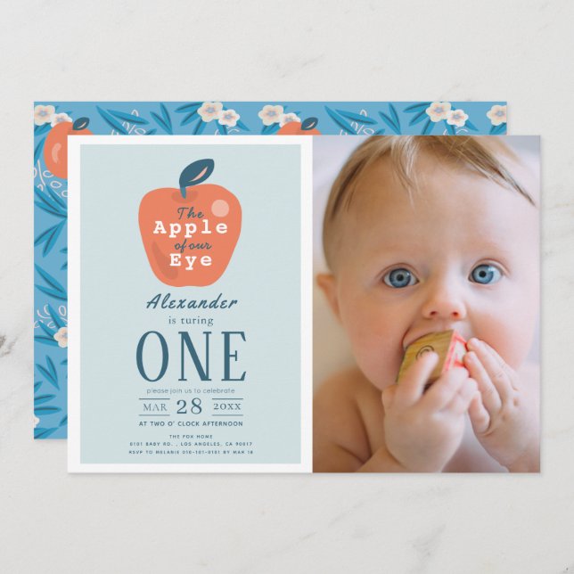 Apple of our Eye Blue Boy Photo 1st Birthday Invitation (Front/Back)