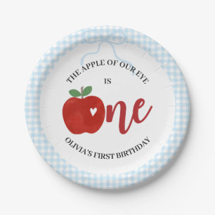 Apple of our eye blue gingham bow birthday paper plate