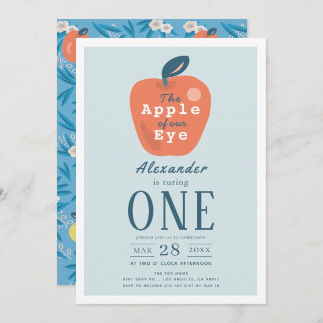 Apple of our Eye Boy Blue 1st Birthday Invitation (Front/Back)