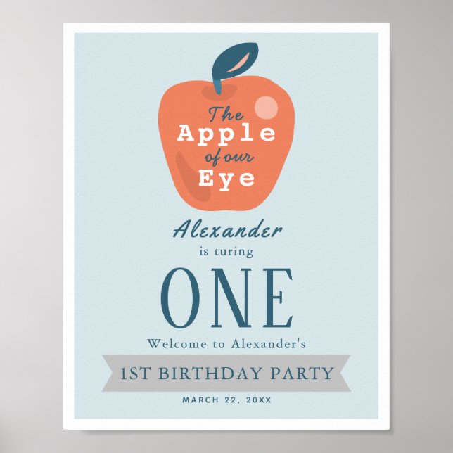 Apple of our Eye Boy Blue 1st Birthday Welcome Poster (Front)