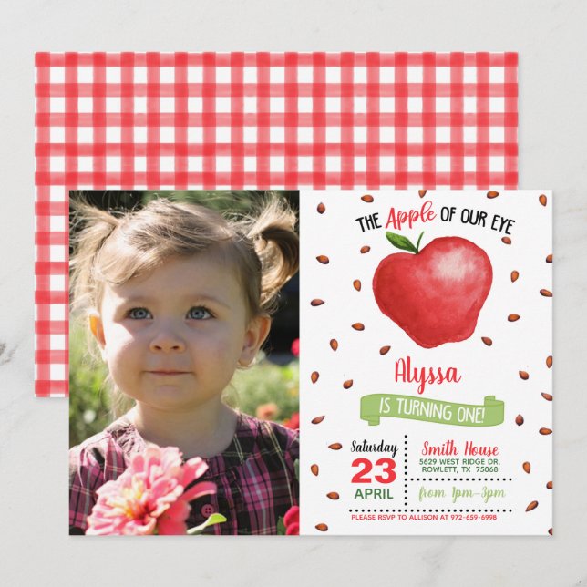 Apple of Our Eye First Birthday Invitation w/Photo (Front/Back)