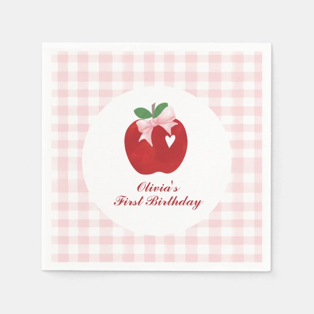 Apple of our Eye first birthday pink bow Napkin (Front)