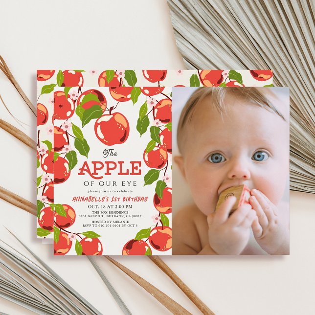 Apple of our Eye Floral Photo 1st Birthday Invitation (Creator Uploaded)