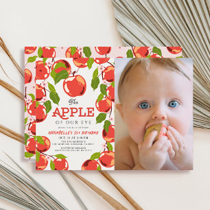 Apple of our Eye Floral Photo Girl's 1st Birthday Invitation