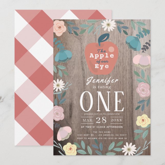 Apple of our Eye Floral Wood Girl 1st Birthday Invitation (Front/Back)